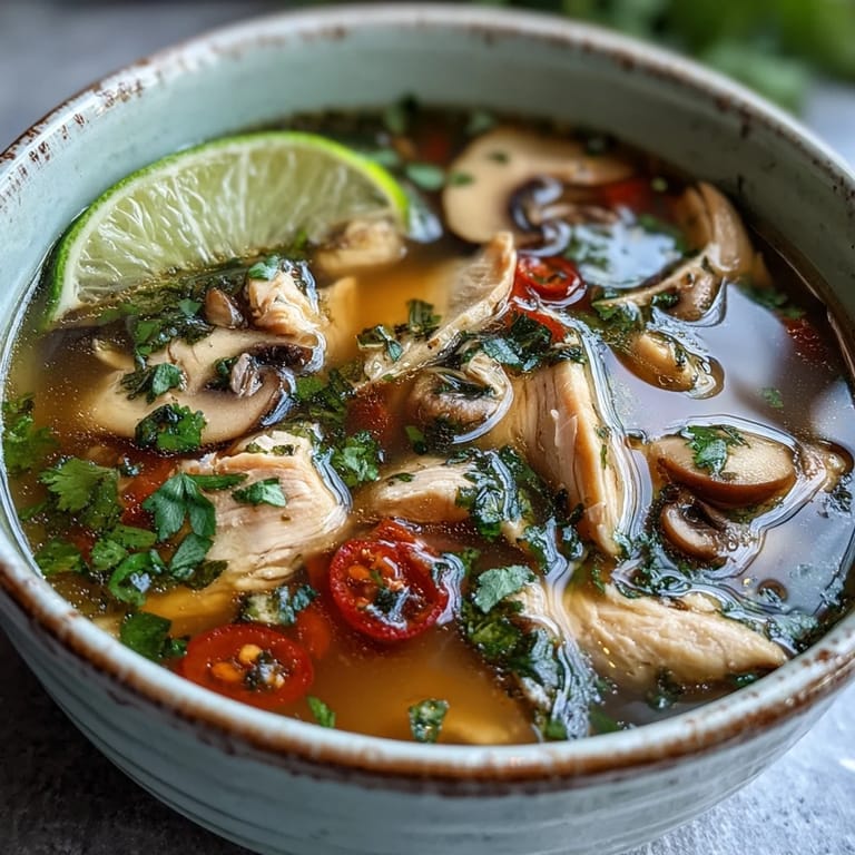 Close-up of Tom Yum Chicken soup, fragrant with lemongrass and bursting with flavor.