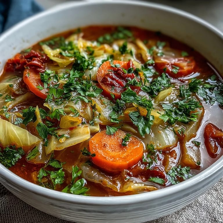 A ladle of savory Classic Cabbage Soup shows colorful vegetables and tomato base, ideal for cozy family dinners.