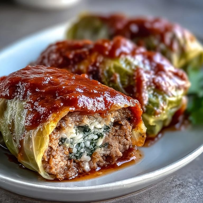 Golden-baked Cabbage Rolls arranged in a dish, filled with meat and rice, smothered in hearty tomato sauce.