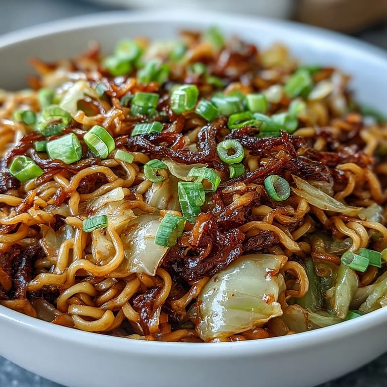 Vegetarian Fried Cabbage Ramen featuring julienned carrots and noodles coated in a glossy sesame sauce.