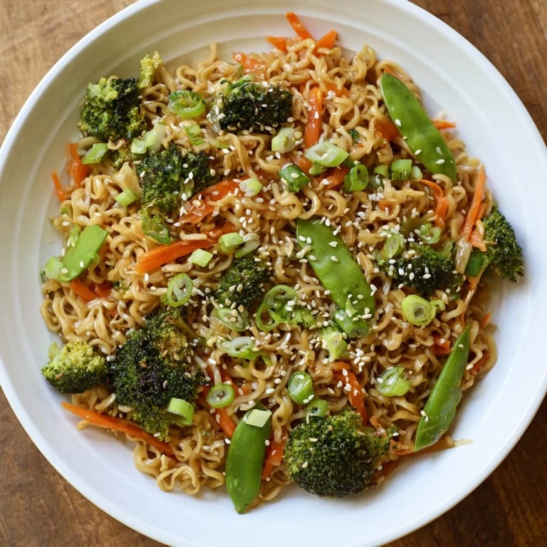 Close-up of the flavorful Ramen Noodle Stir-Fry Remix, sizzling in a wok with green onions.