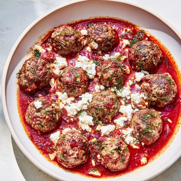 Close-up of juicy Instant Pot Greek Meatballs, showcasing their savory texture and bright, creamy sauce.