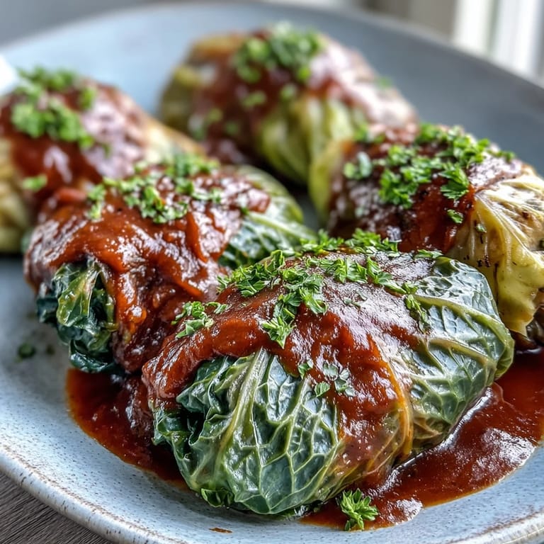Steaming Baked Vegan Cabbage Rolls topped with fresh herbs in a ceramic baking dish, ready to serve.