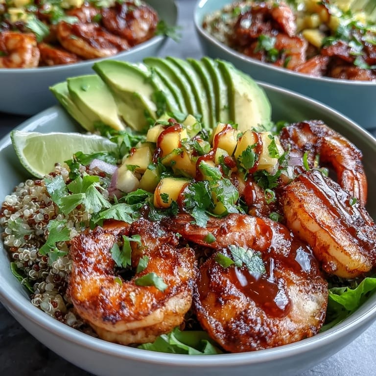 Grilled shrimp, nutty quinoa, and creamy avocado bowls topped with fresh mango salsa and lime wedges.