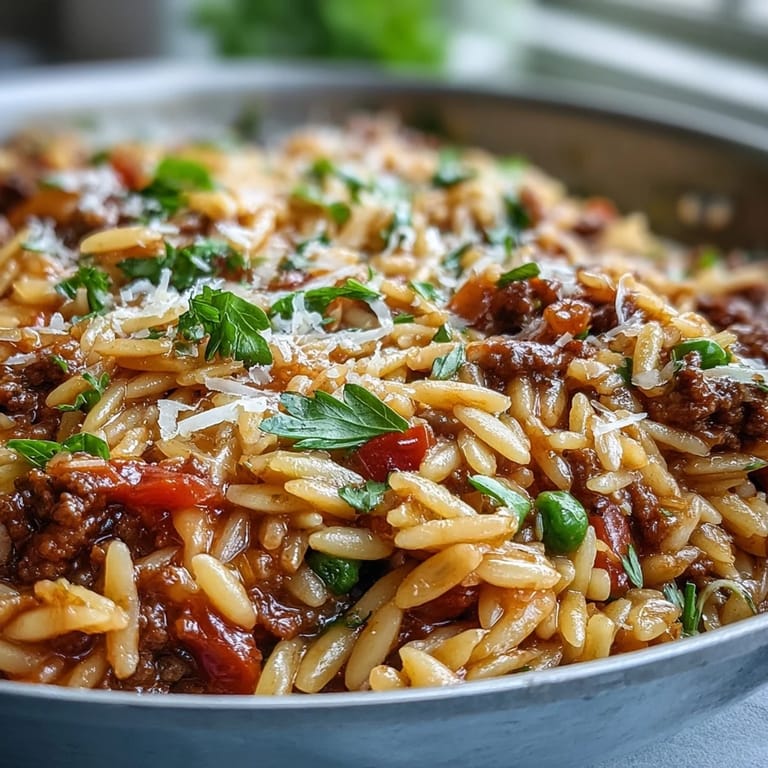 An overhead view of the Comforting Ground Beef Orzo Dinner, garnished with fresh parsley and a spoon ready to serve.