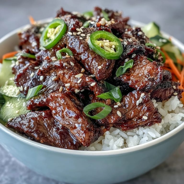 Freshly assembled Korean Beef Power Bowl topped with sesame seeds and green onions, drizzled with creamy sriracha mayo.