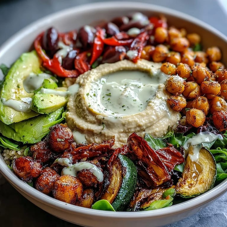Colorful, nutrient-rich Vegan Mediterranean Buddha Bowl served on a white plate, featuring hummus, roasted veggies, and chickpeas for an easy main dish.