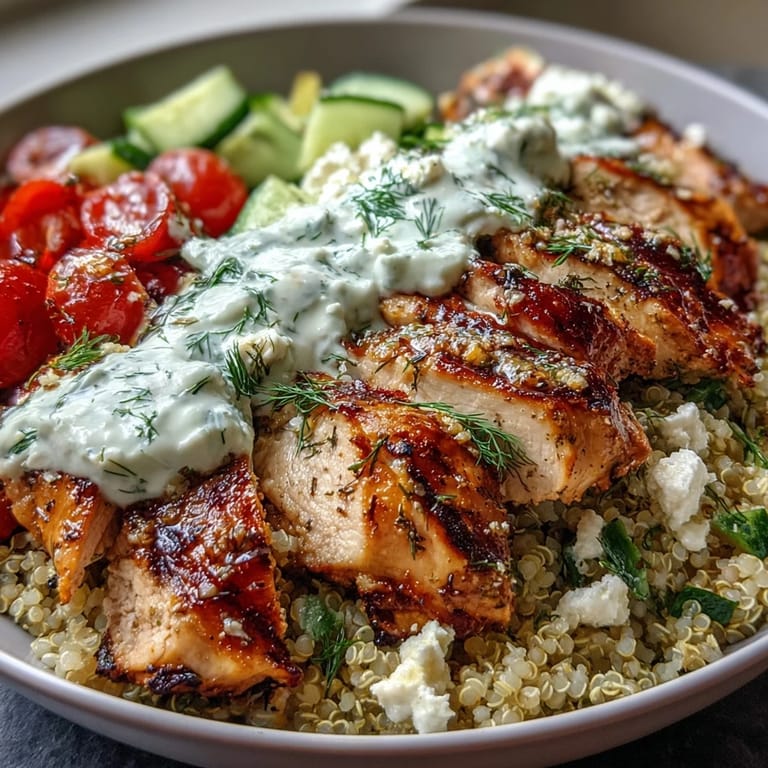 Vibrant Greek Chicken Power Bowl with tender lemon-herb chicken, fluffy quinoa, crisp veggies, and creamy tzatziki, served ready for a satisfying high-protein lunch or dinner.