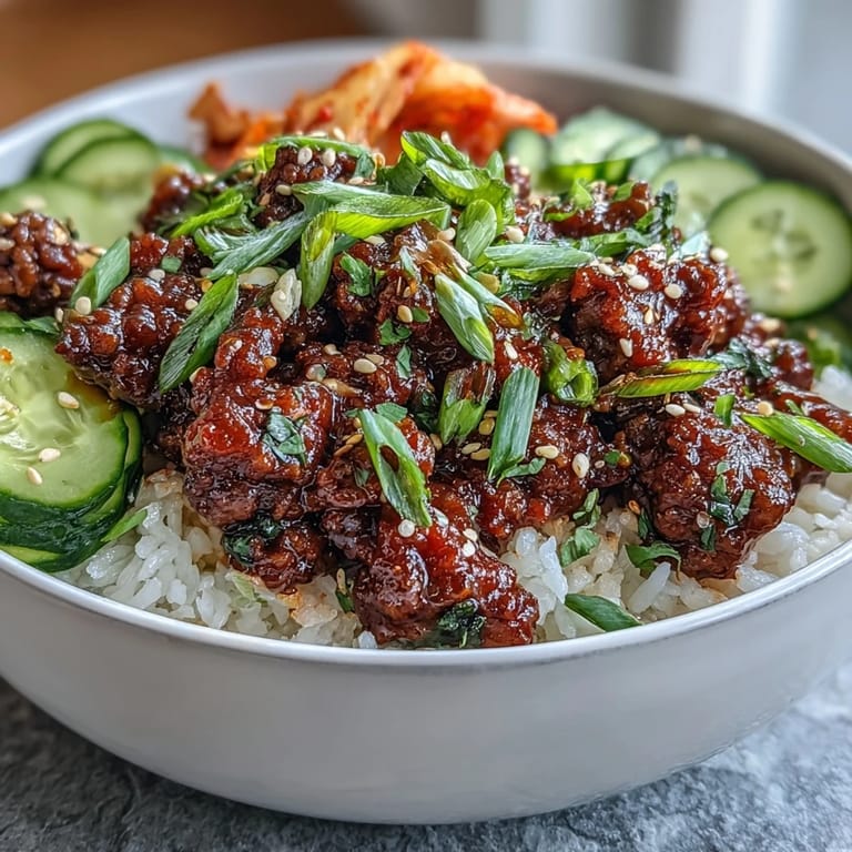 Colorful Korean Ground Beef Bowl featuring edamame, kimchi, and toasted sesame seeds.