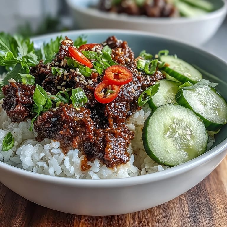 Easy Korean Beef Bowl topped with crisp cucumber, carrots, and sesame seeds in a white bowl.