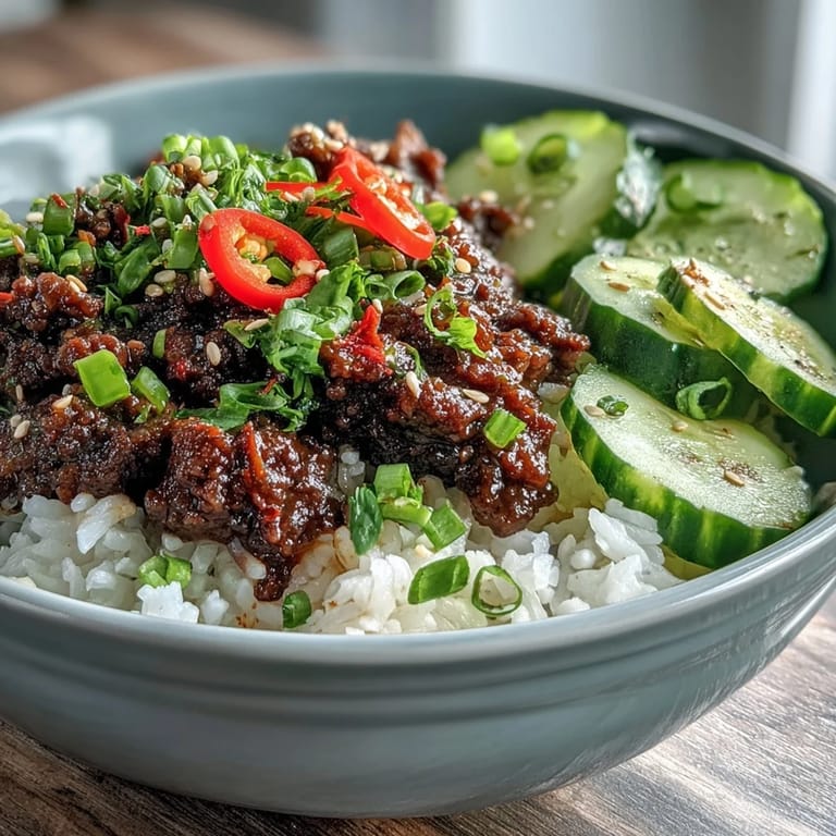 Garnished Easy Korean Beef Bowl with optional kimchi and green onions, ready to serve for a quick dinner.