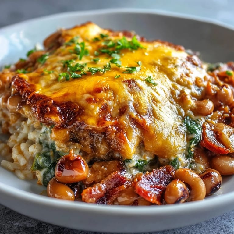 Bubbling Tex-Mex Black Eyed Pea Casserole fresh from the oven, featuring golden melted cheese and a hearty side of creamy avocado slices.