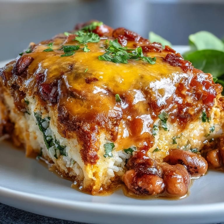 A spoon scooping into the Tex-Mex Black Eyed Pea Casserole reveals tender rice, black-eyed peas, spinach, and smoky bacon, ready for dinner.