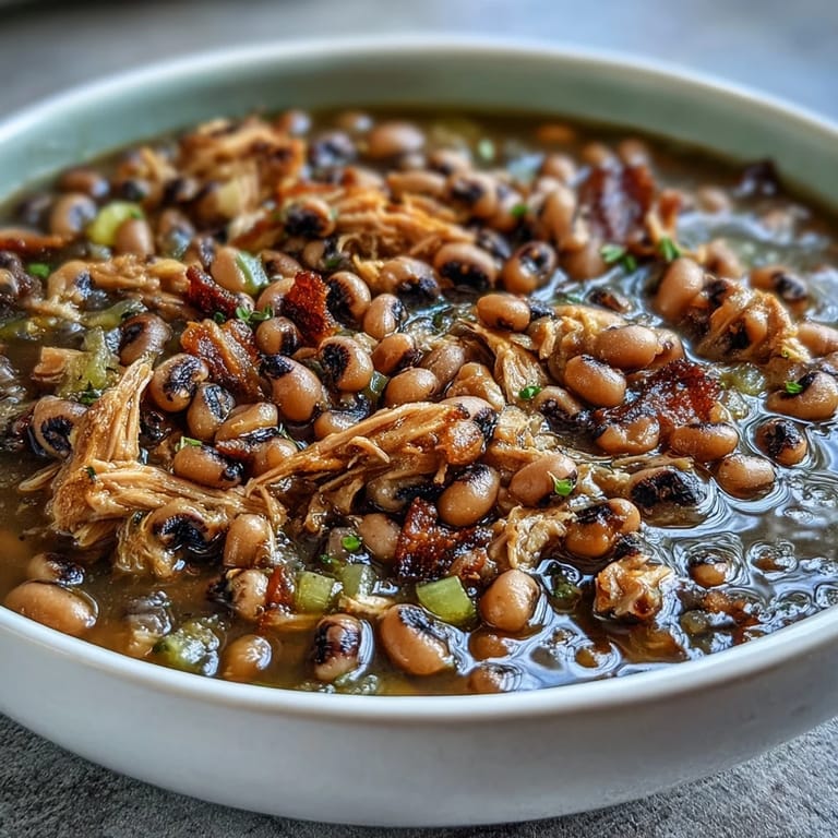 Close-up of black-eyed peas with smoked turkey, highlighting the rich, smoky broth and tender shredded meat.