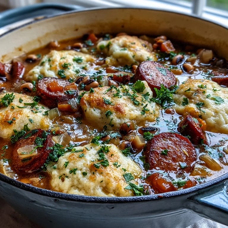 Golden dumplings bubble over tender black-eyed peas and smoked sausage, with diced carrots and celery in a rich, aromatic broth.  