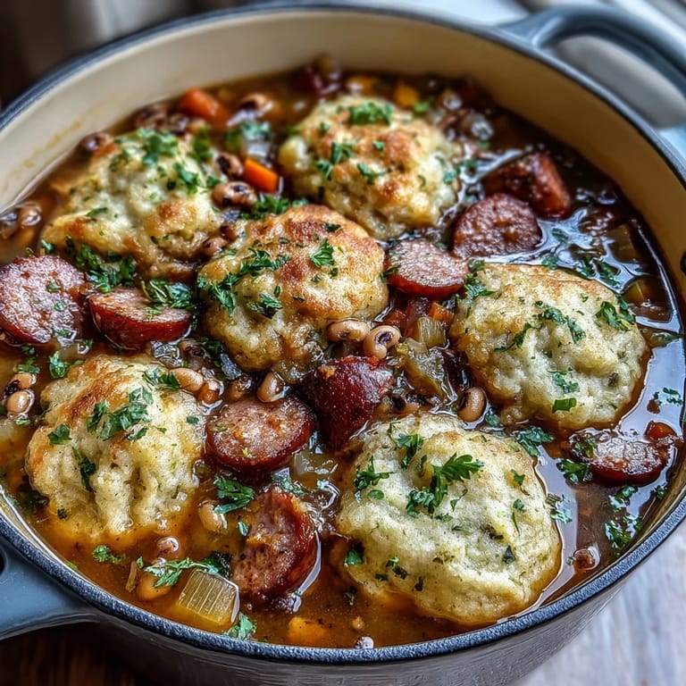 Serve this comforting black-eyed peas and sausage stew with fluffy dumplings for a cozy, classic Southern family dinner.