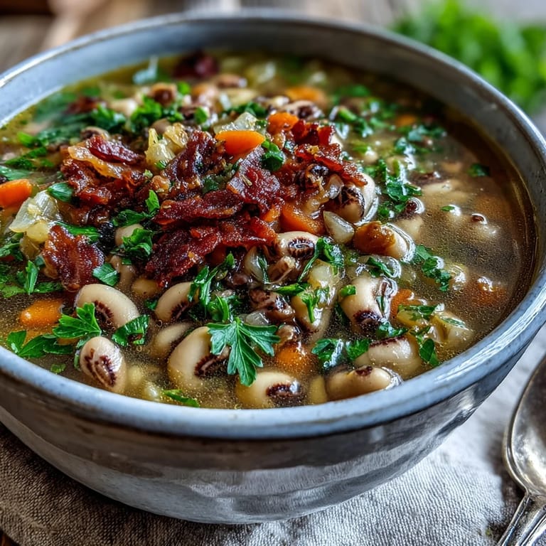 Close-up of Black-Eyed Peas and Bacon Soup served in a rustic bowl with a crusty bread slice.