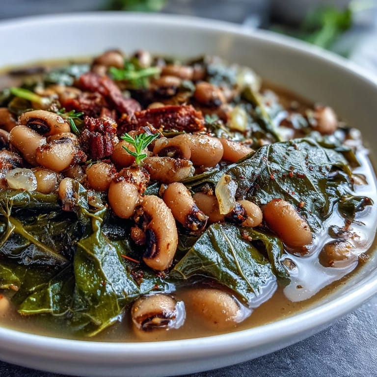 Hearty Black-Eyed Peas With Collard Greens simmering in a pot, ready to be ladled onto plates.