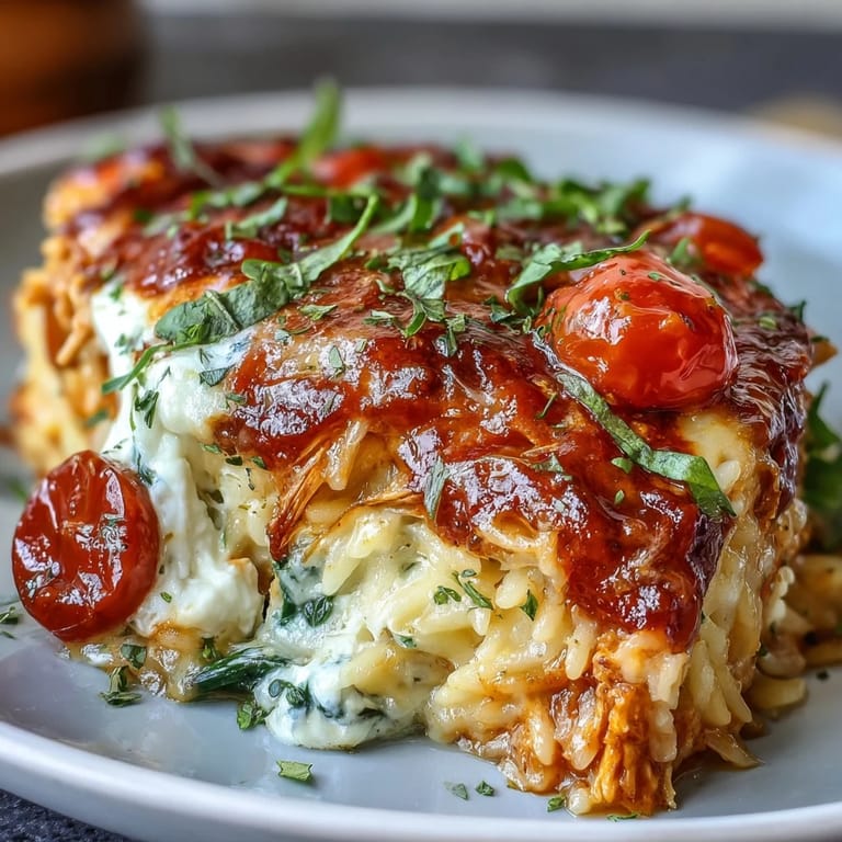 Savory One-Pan Creamy Chicken Lasagna Orzo served with garlic bread and a crisp green salad.