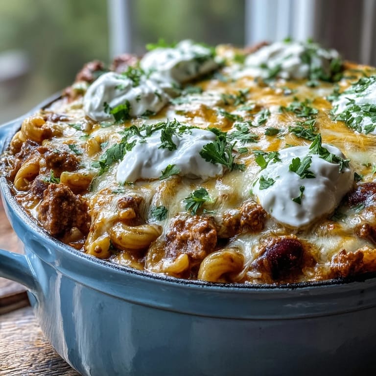 A fork lifts a cheesy scoop of Baked Ranch Turkey Chili Mac from a rustic dish, showcasing the creamy, meaty texture of the casserole.