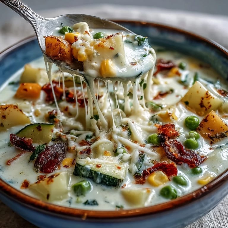 A ladle of Creamy Garlic Parmesan Veggie Soup shows melted mozzarella, sweet corn, and peas, with a sprinkle of smoked paprika.