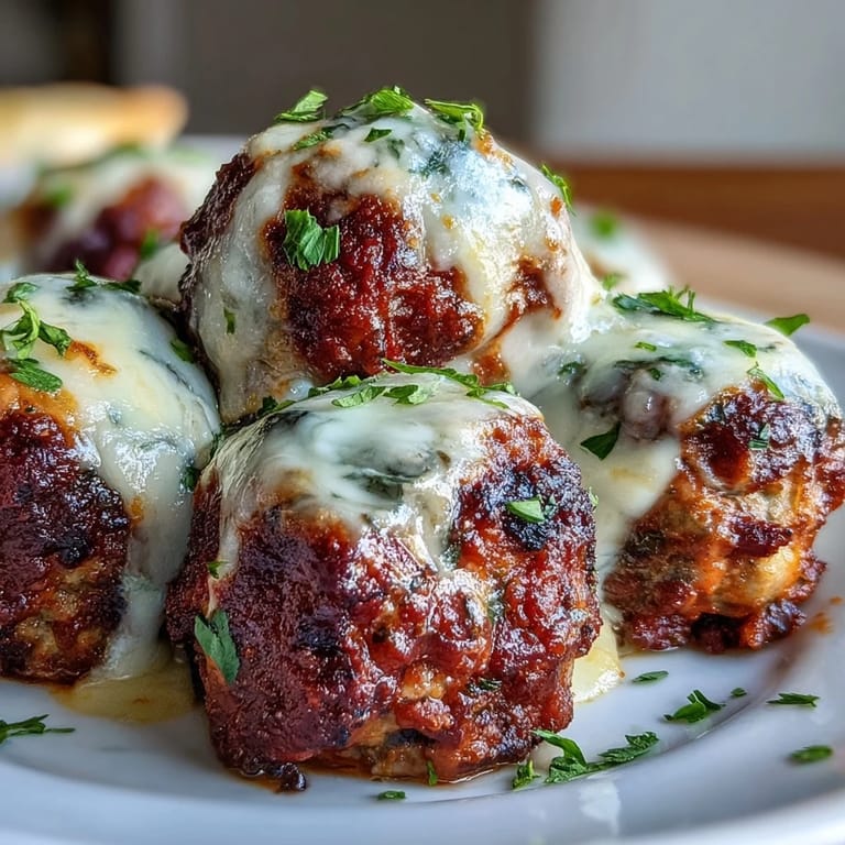 Sizzling Baked Spicy Chicken Parm Meatballs finished with parsley and extra mozzarella under a rich sauce.
