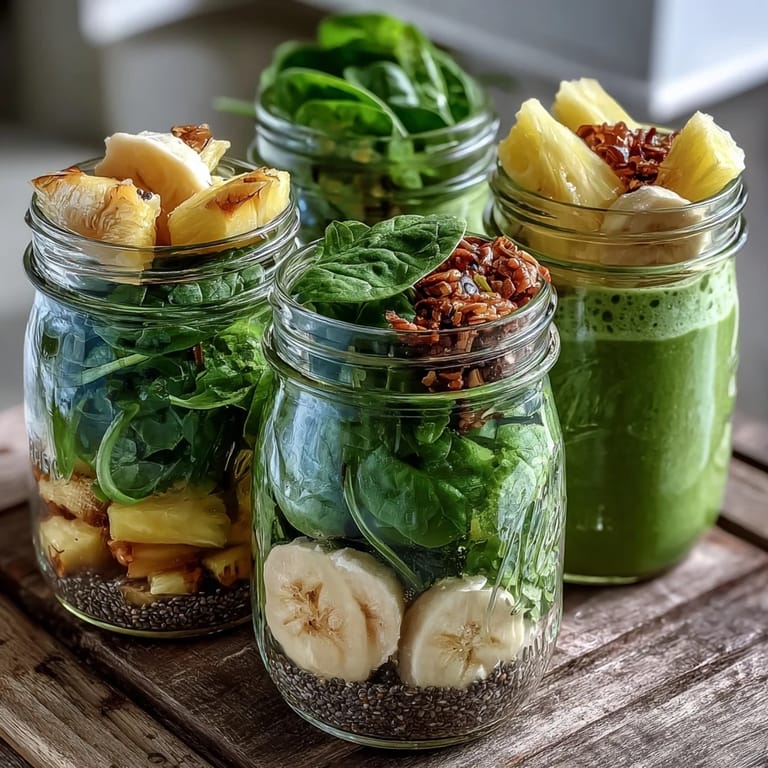 Sunlit Green Smoothie Meal Prep Jars with Pineapple and Spinach feature layered fresh fruit and vibrant greens.