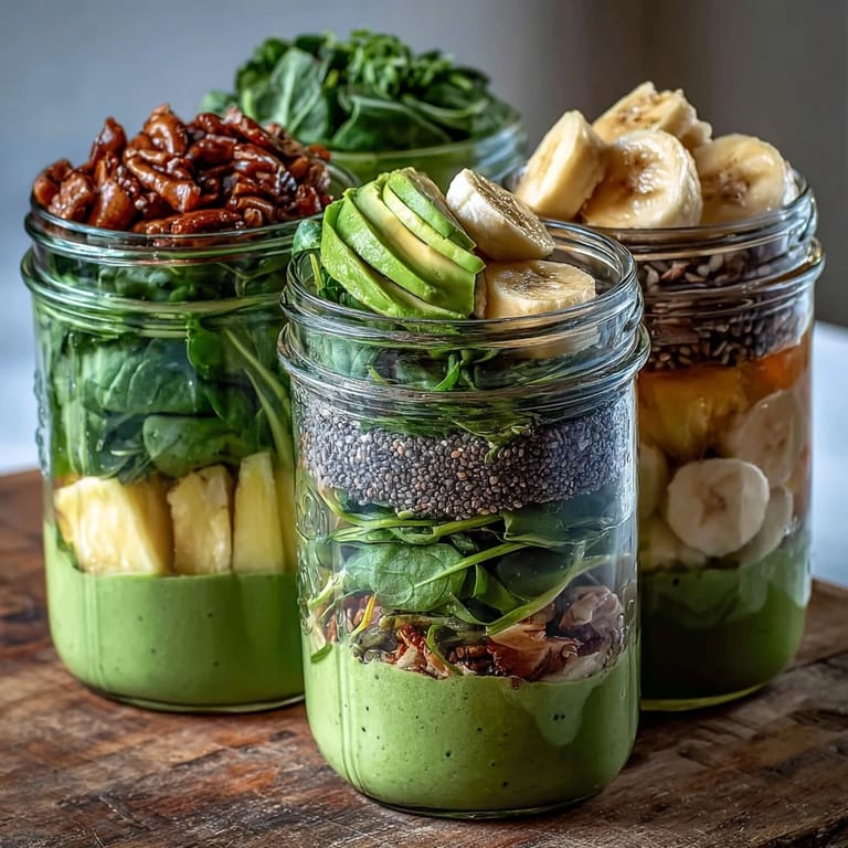 An overhead view of Green Smoothie Meal Prep Jars with Pineapple and Spinach prepared for blending with almond milk.