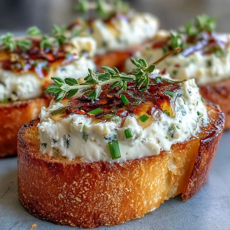 Crisp bread meets tangy cheese and sweet heat in these Hot Honey Goat Cheese Crostini, perfect for party appetizers.