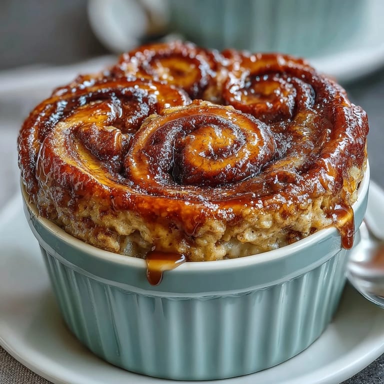 Fluffy cinnamon-swirled banana baked oats with maple syrup drizzle, a single-serve ramekin breakfast rich in protein and flavor.