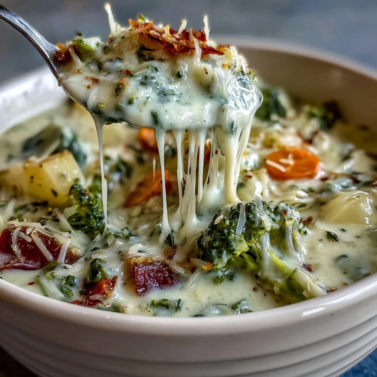 Comforting Creamy Garlic Parmesan Veggie Soup filled with tender potatoes, broccoli, and corn in a creamy, cheesy base.