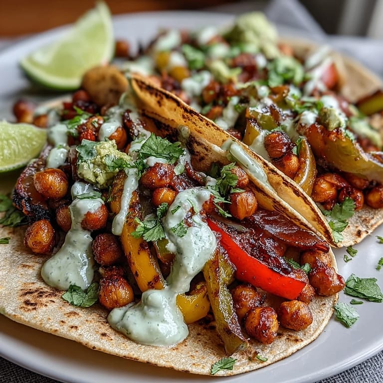 Vibrant veggie and chickpea fajitas served on tortillas, drizzled with fresh guacamole yogurt for a Tex-Mex feast.