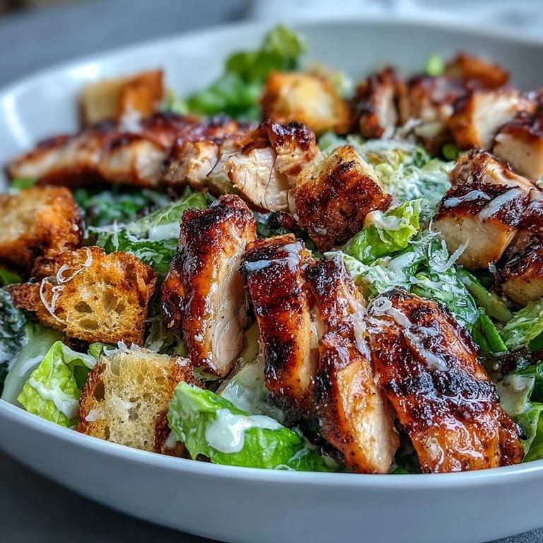 Classic Caesar salad gets a healthy upgrade with grilled chicken, creamy Greek yogurt dressing, and crunchy sourdough croutons.