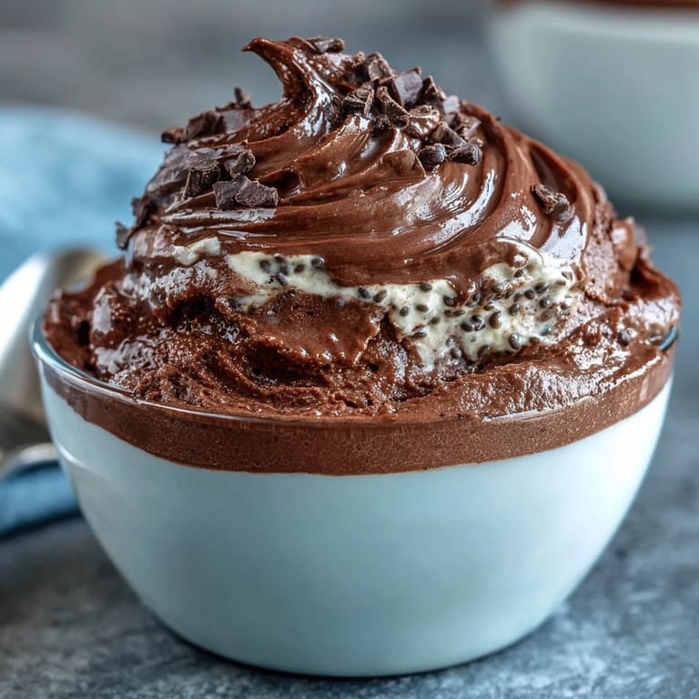Silky high-protein cottage cheese chocolate mousse blended until creamy, served chilled in small cups with a sprinkle of chopped dark chocolate.