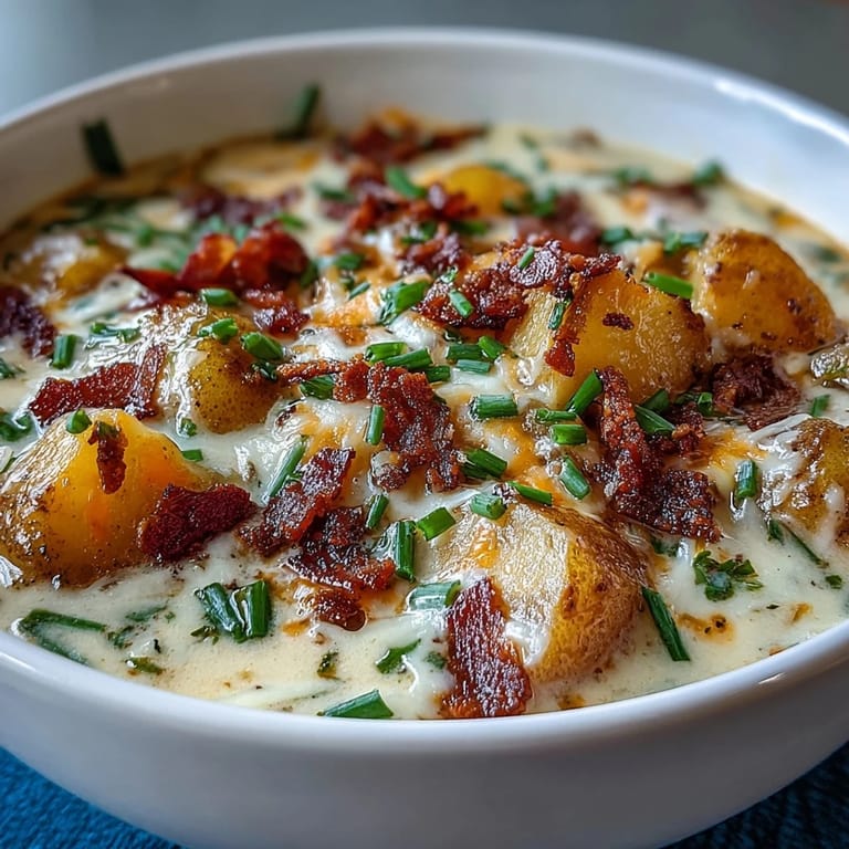 A comforting bowl of loaded baked potato soup, topped with sharp cheddar, smoky bacon, and green onions.  