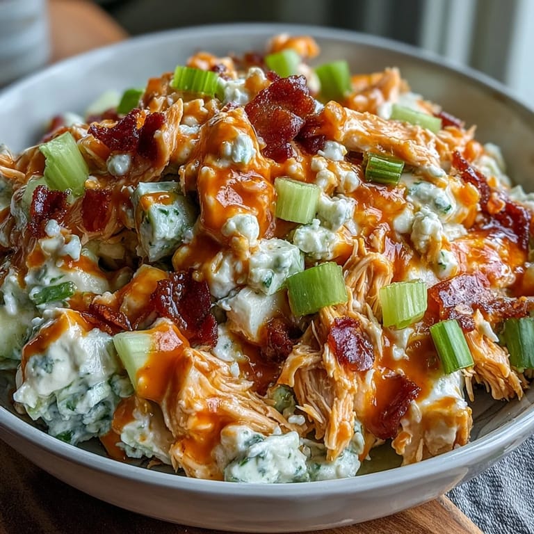 High-protein buffalo chicken salad with Greek yogurt dressing, served chilled with fresh vegetable crudités for dipping.