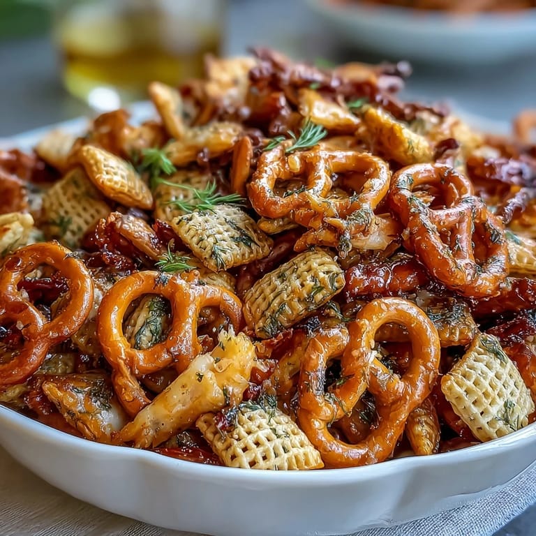 Irresistible Dill Pickle Chex Mix featuring Rice and Corn Chex, pretzels, and bagel chips, baked to crispy perfection with savory dill seasoning.