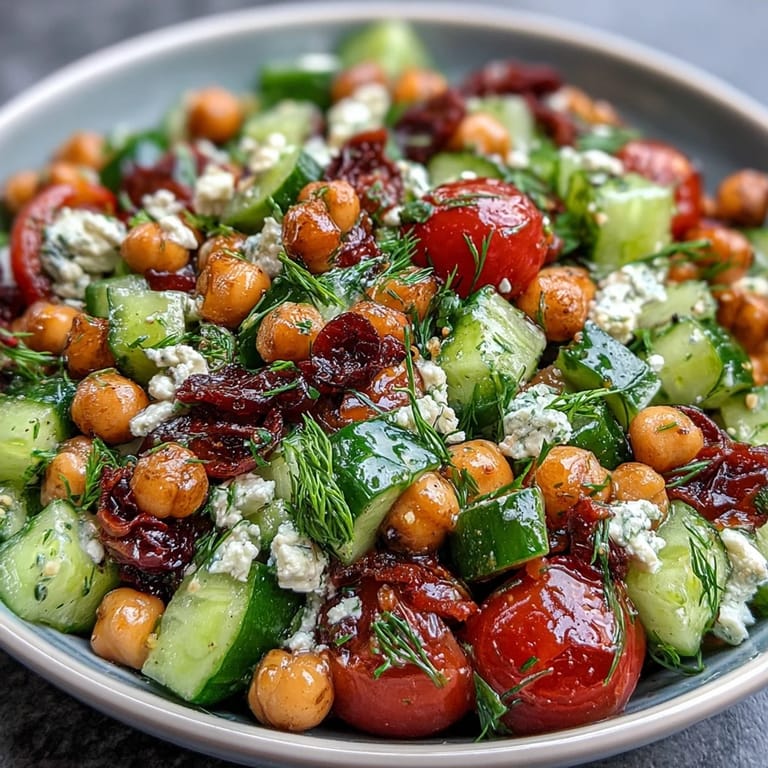 Fresh Mediterranean flavors shine in this easy chickpea cucumber salad with creamy feta and zesty lemon dressing.  