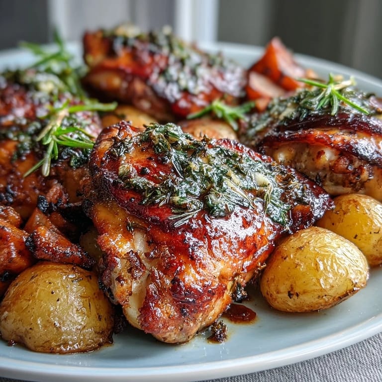 Aromatic rosemary and thyme-seasoned chicken thighs roasted to golden perfection with buttery baby potatoes and caramelized carrots for a hearty meal.