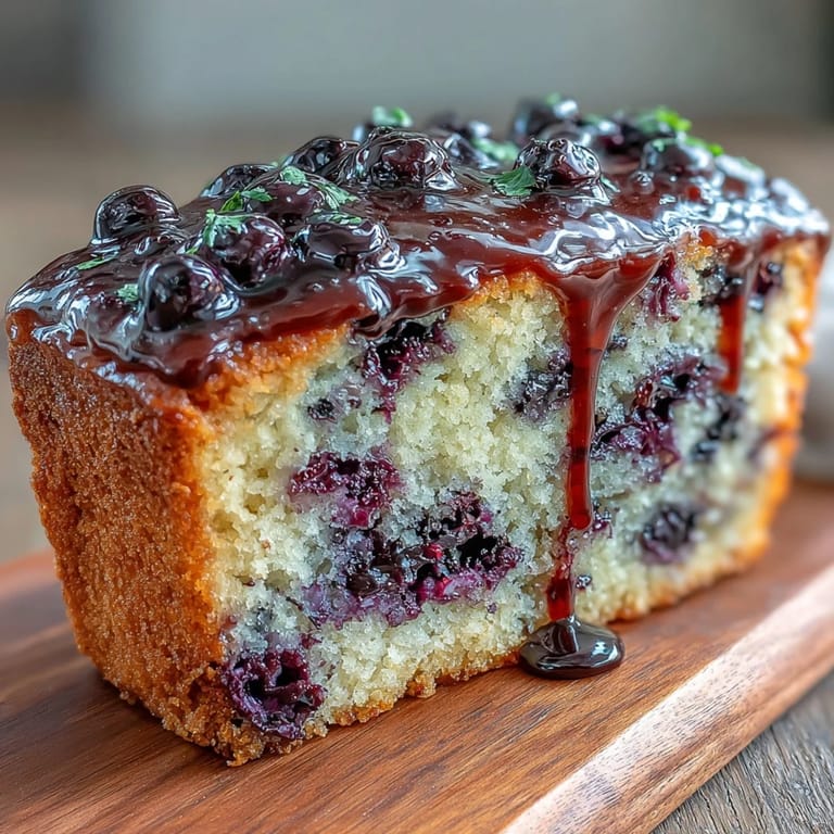 Tender lemon loaf bursting with juicy blueberries, drizzled with tangy citrus glaze.