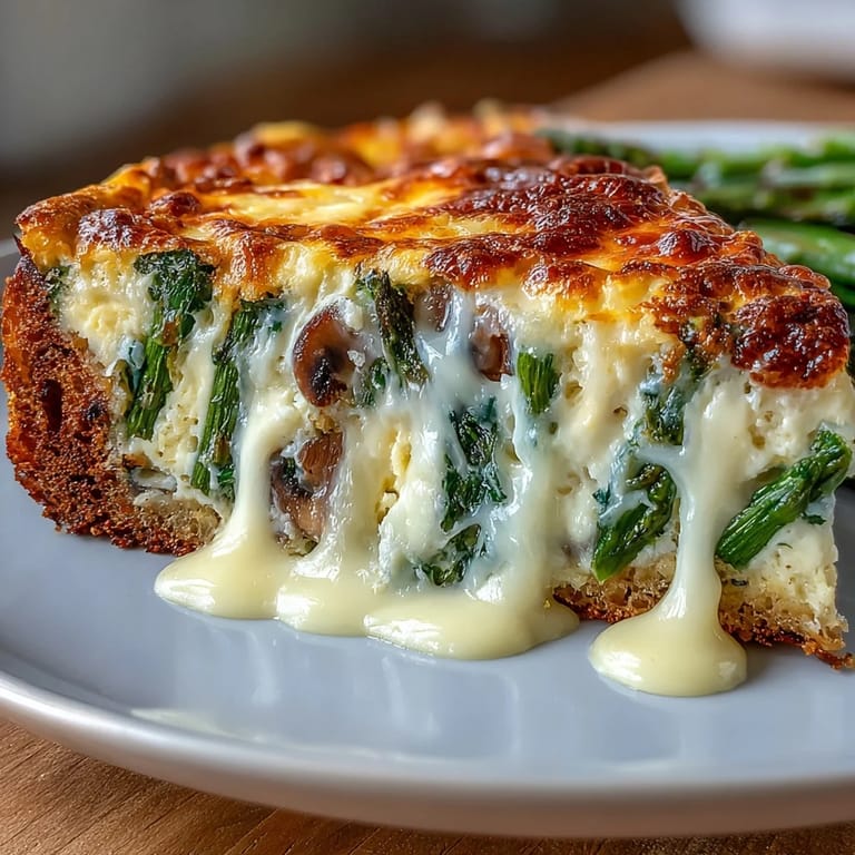 An Italian-inspired frittata with earthy mushrooms, fresh asparagus, and melted cheese, served warm from a golden sourdough crust.