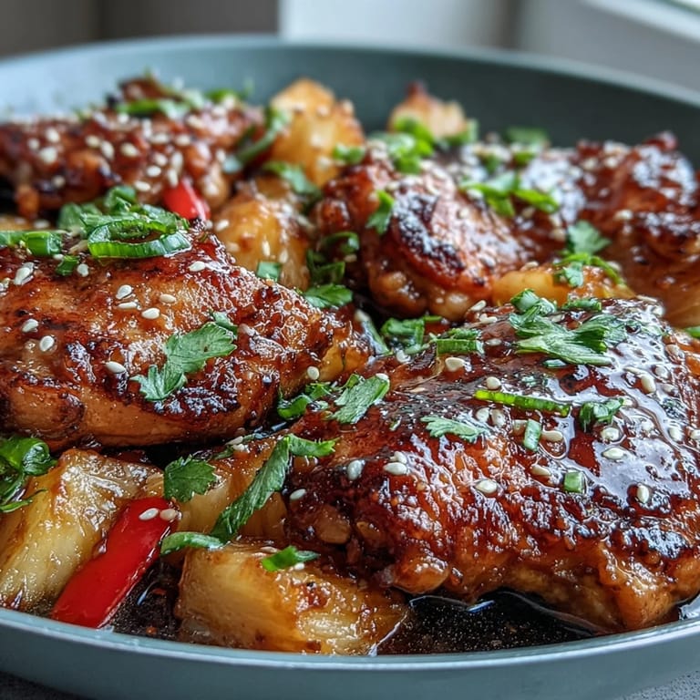 Vibrant one-pan meal of honey garlic chicken with juicy pineapple chunks and bell peppers, perfect for quick weeknight dinners.  