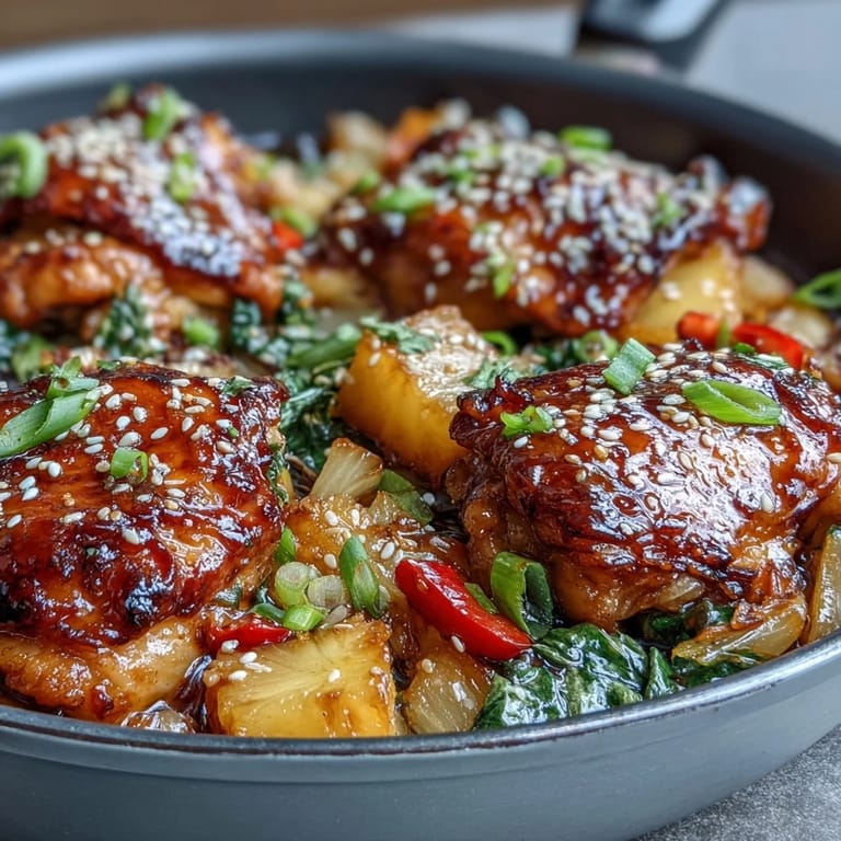 Tropical-inspired sticky honey garlic chicken pineapple skillet served hot with sesame seeds and green onions over fluffy rice.