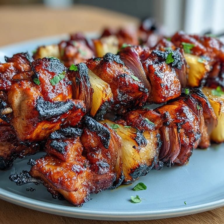 Sweet and savory BBQ chicken pineapple kebabs with tender chicken, caramelized pineapple, and crisp red onion on the grill.