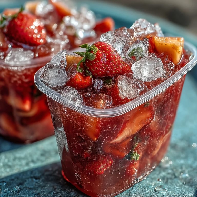 Close-up of Strawberry Pineapple Daiquiri Freezer Pouches, icy texture and tropical fruit chunks visible, perfect poolside refreshment.  