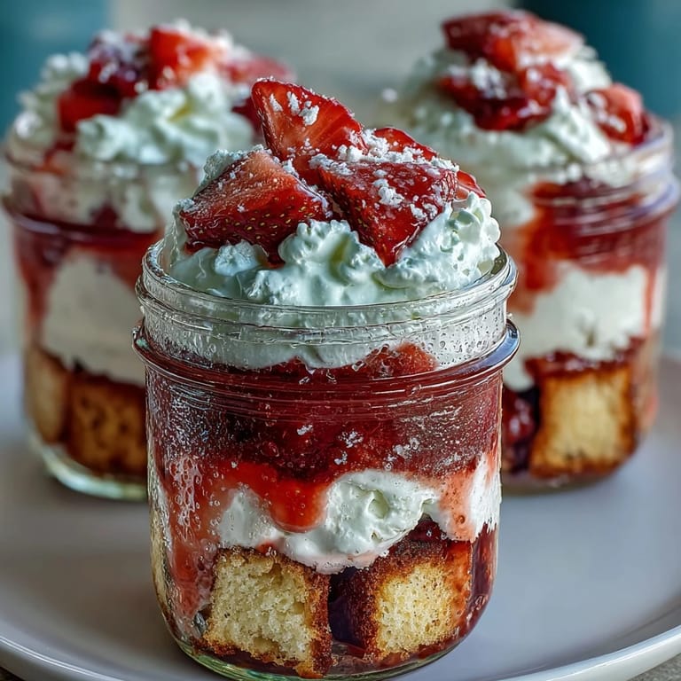 Layered strawberry shortcake trifle in mason jars with fresh berries and whipped cream.