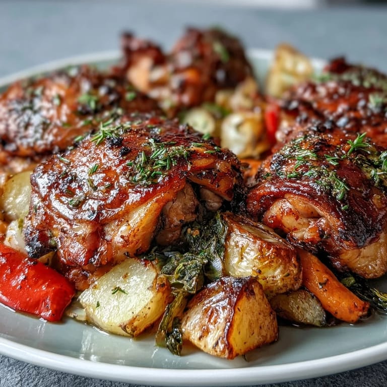Juicy chicken thighs and colorful roasted vegetables on a single sheet pan, perfect for easy weeknight meals.  
