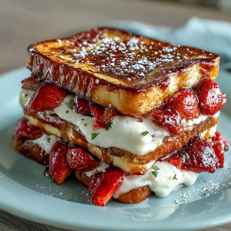 Warm, make-ahead brunch bake featuring layers of brioche bread, sweet strawberries, and creamy vanilla custard, finished with a golden crust.