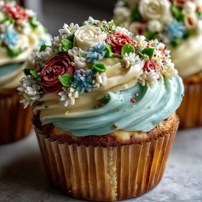 Elegant floral cupcakes decorated with buttercream roses, blossoms, and leaves in gentle pastel hues — a sweet centerpiece for springtime celebrations.
