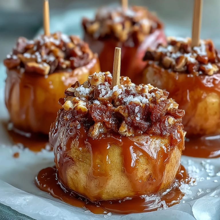 Golden caramel-coated apple slices with crunchy crushed peanuts, a delightful blend of sweet, tart, and salty flavors in every bite.